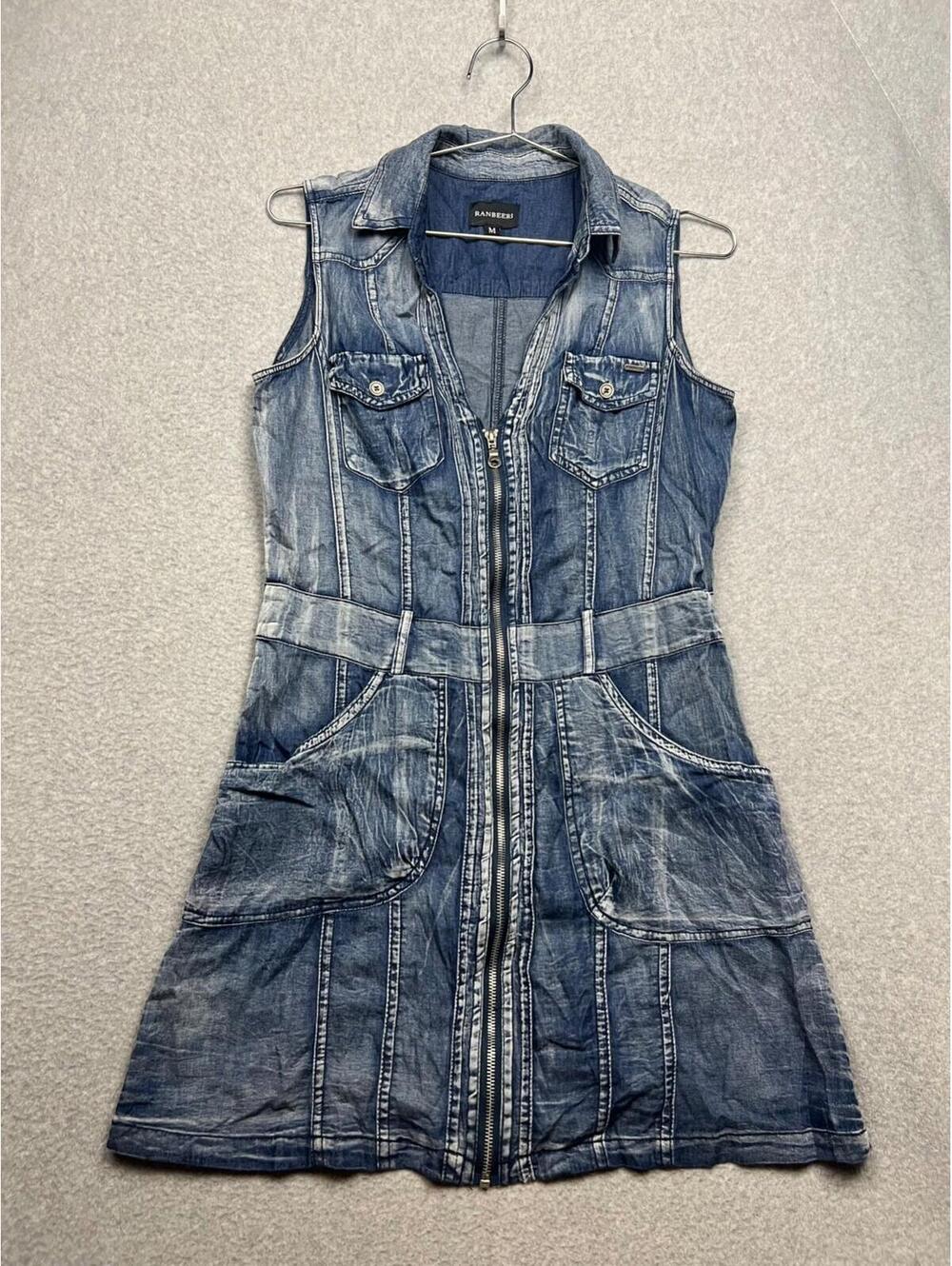 Y2k Ranbeeri Denim Front Zip Shirt Dress M Stone Wash Cargo Pockets 90's